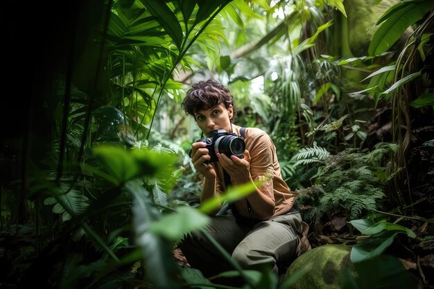 Foto un hombre está sentado en el bosque con una cámara