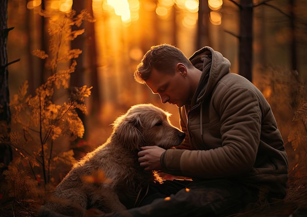 Un hombre sentado en el bosque con un perro