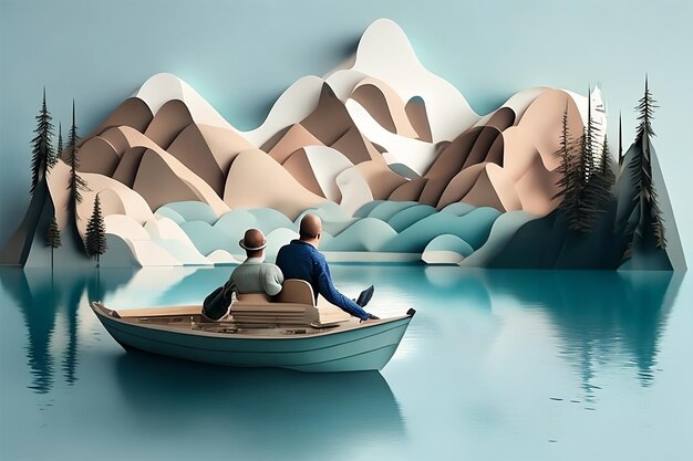 un hombre sentado en un bote en un lago mirando las montañas estilo de arte de papel generado ai