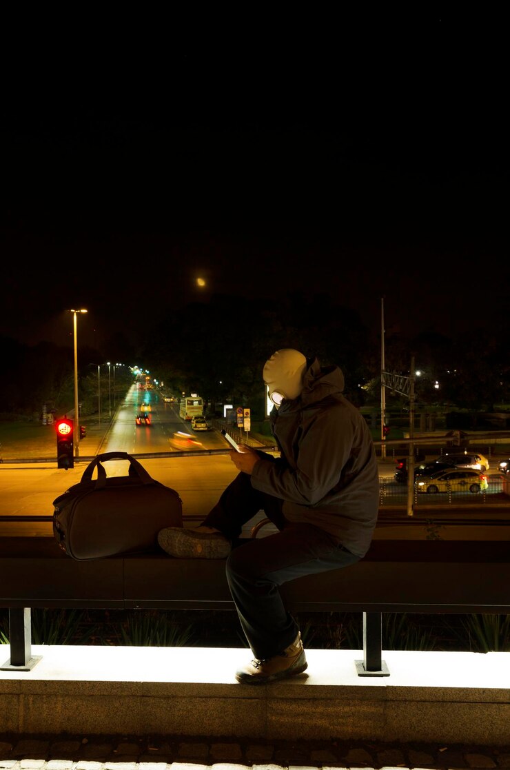 Foto hombre sentado en una calle iluminada por la noche