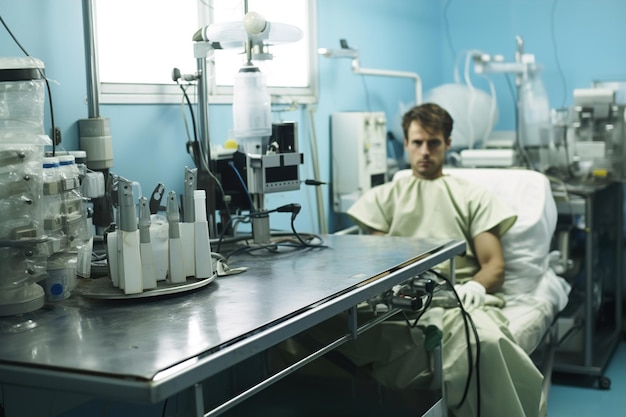 Foto un hombre sentado en una cama de hospital al lado de una máquina