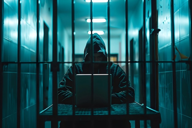 Un hombre sentado en la cárcel encerrado escribiendo en su portátil