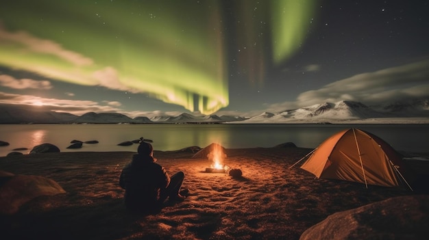Hombre sentado cerca de una fogata y una carpa bajo la aurora boreal IA generativa
