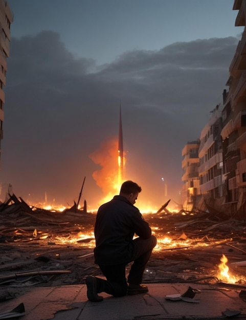 Un hombre sentado en una ciudad destruida por la guerra.