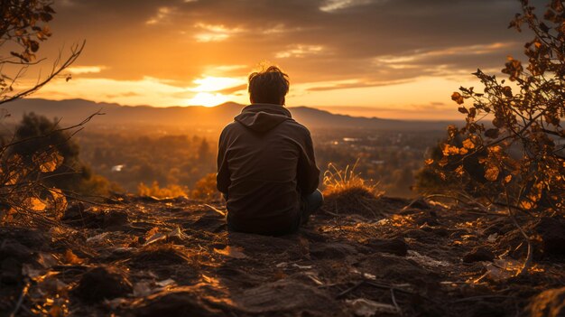 Un hombre sentado en una colina y disfrutando del momento de la puesta de sol