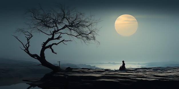 un hombre sentado en una colina mirando la luna.