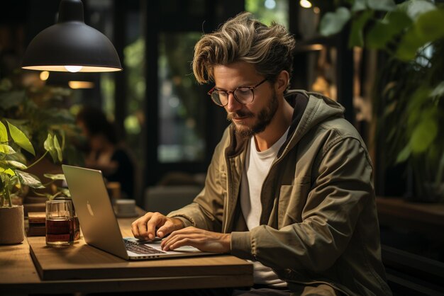 hombre sentado en una computadora portátil en una habitación