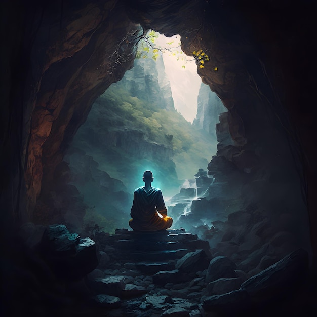 Un hombre sentado en una cueva con una luz en la espalda.