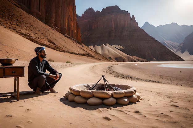 un hombre sentado en el desierto junto a una fogata.