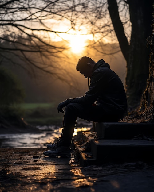 un hombre sentado en los escalones de un río al atardecer