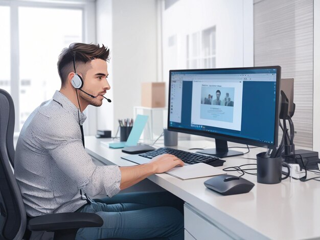 Foto un hombre está sentado en un escritorio con una computadora y un monitor que muestra una imagen de un hombre con auriculares