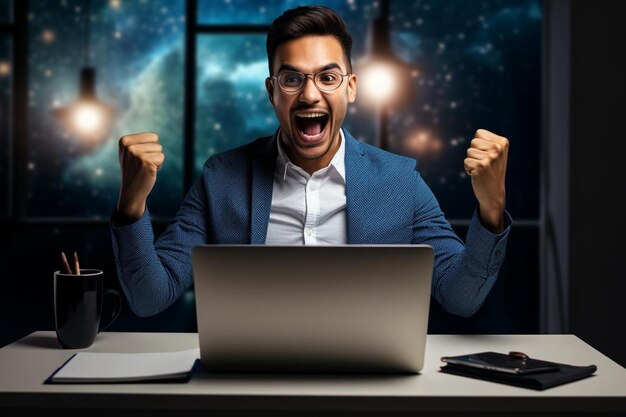 Foto un hombre está sentado en un escritorio con una computadora portátil y la palabra macbook en él