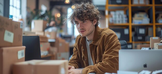 Hombre sentado en el escritorio con una computadora portátil