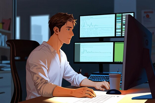 Un hombre sentado en un escritorio con dos monitores de computadora y una taza de café