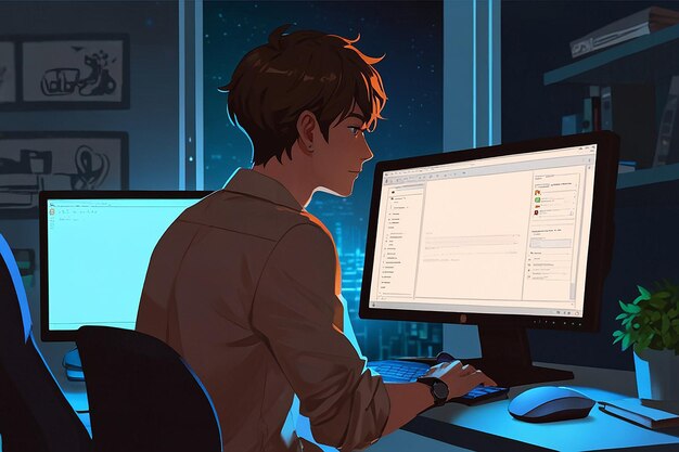 Un hombre sentado en un escritorio con dos monitores de computadora y una taza de café