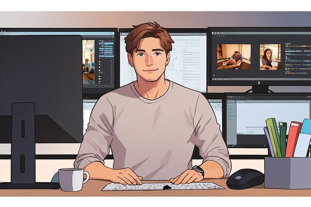 Un hombre sentado en un escritorio con dos monitores de computadora y una taza de café