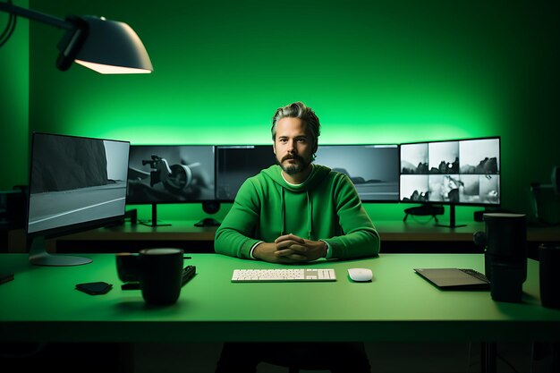 Foto hombre sentado en el escritorio dos pantallas verdes