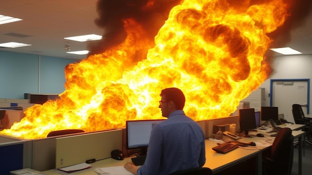 Foto un hombre sentado en un escritorio frente al fuego