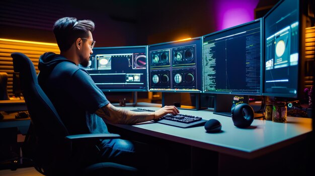 Hombre sentado en el escritorio frente a la computadora con múltiples monitores IA generativa