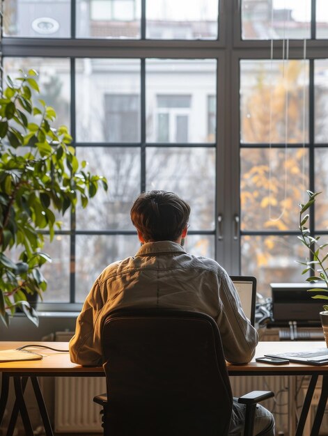 Hombre sentado en el escritorio frente a la ventana