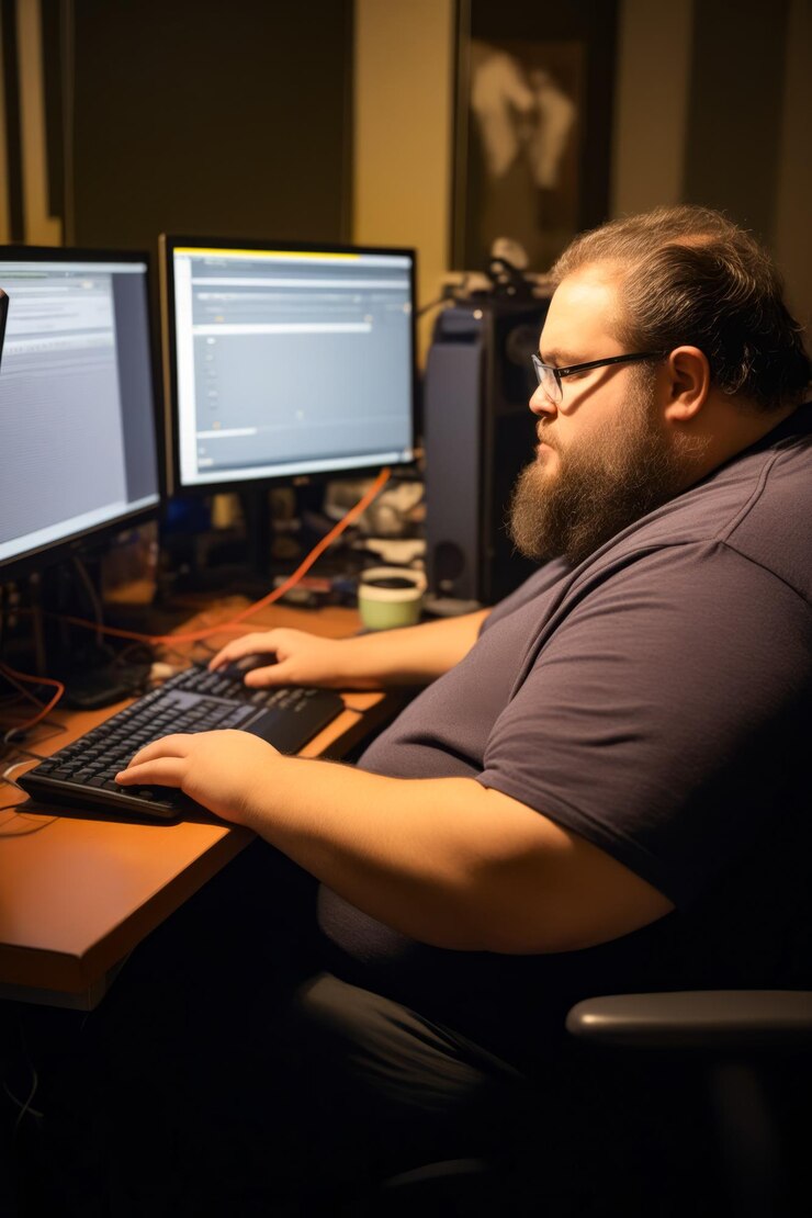 Foto hombre sentado en el escritorio con teclado y monitor ia generativa
