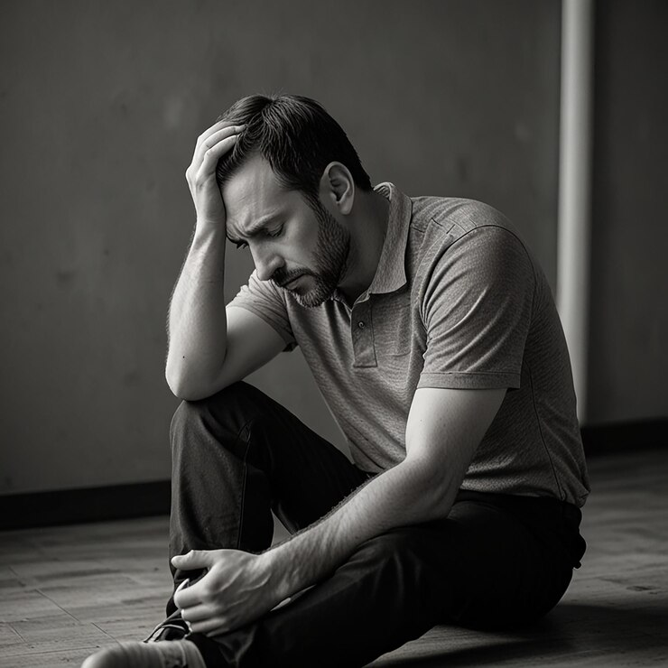 Hombre sentado en exasperación con la cabeza en las manos