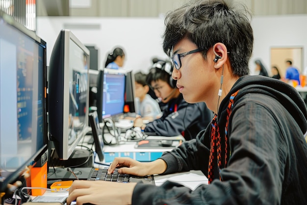 Un hombre sentado frente a un monitor de computadora