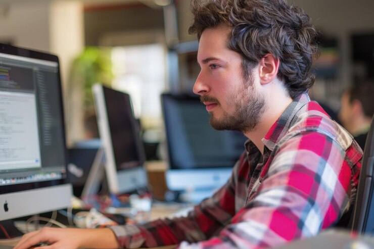 Foto un hombre sentado frente a un monitor de computadora