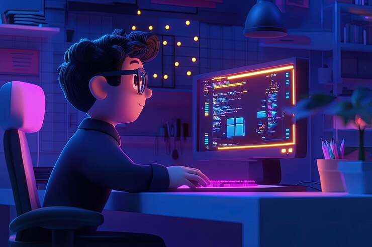 Foto un hombre sentado frente a un monitor de computadora