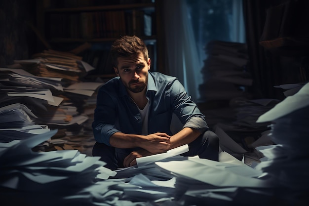 Hombre sentado en una habitación poco iluminada rodeado de pilas de facturas impagas