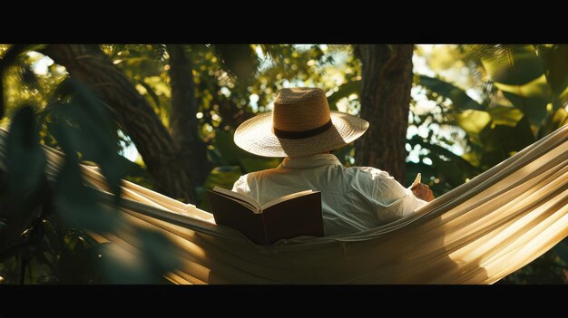 Hombre sentado en una hamaca leyendo un libro