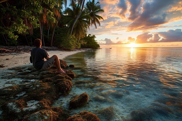 Foto hombre sentado en una isla tropical