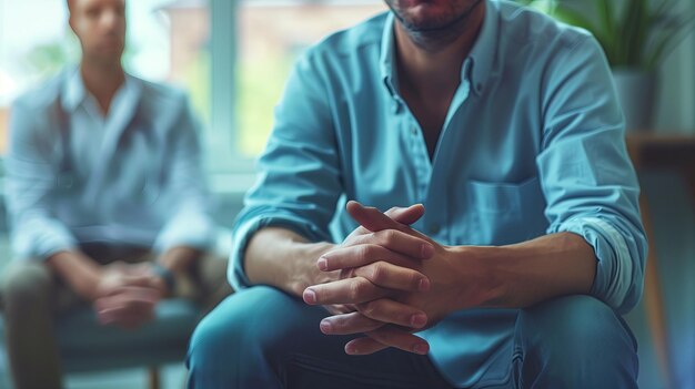 Un hombre sentado con las manos cruzadas compartiendo el gesto con otro hombre psicológico concepto de salud mental