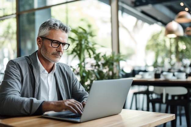 Hombre sentado a la mesa en una cafetería o espacio de coworking y usando una computadora portátil