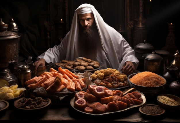 Hombre sentado en la mesa cubierta de comida.