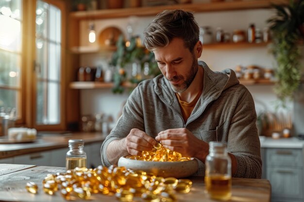 Foto un hombre está sentado en una mesa en un interior de casa al lado del hombre hay diferentes vitaminas en frascos en la mesa