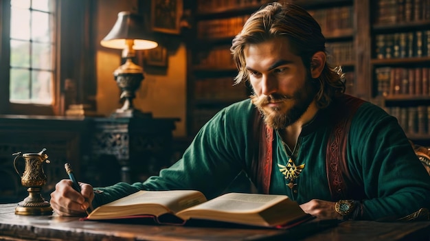 Foto hombre sentado a la mesa con el libro abierto