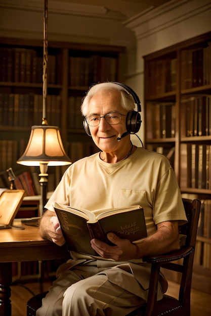 Foto un hombre sentado en una mesa con un libro en el regazo y unos auriculares en la cabeza y