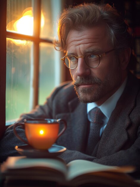 Hombre sentado a la mesa con un libro y una taza de té