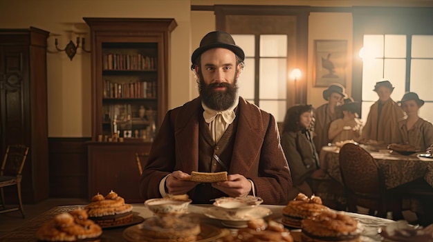 Hombre sentado a la mesa con pan y velas Cena íntima con encanto rústico Pascua