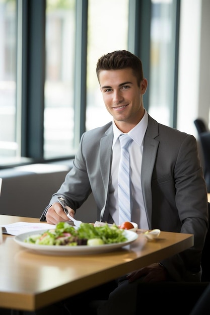 Foto un hombre sentado en una mesa con un plato de comida