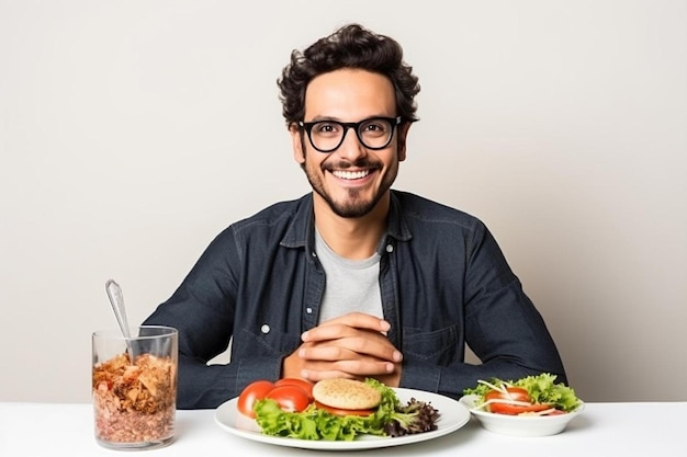 un hombre sentado en una mesa con un plato de comida