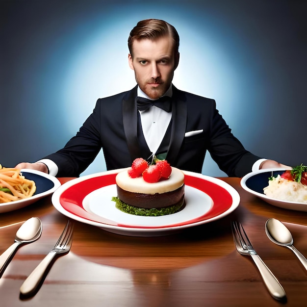 Un hombre sentado en una mesa con platos de comida y un plato de comida con un hombre en un tuxedo