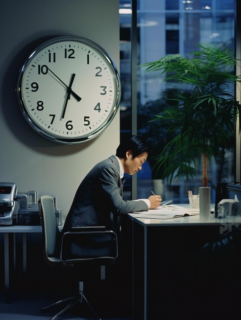 Foto un hombre está sentado en una mesa con un reloj que dice 