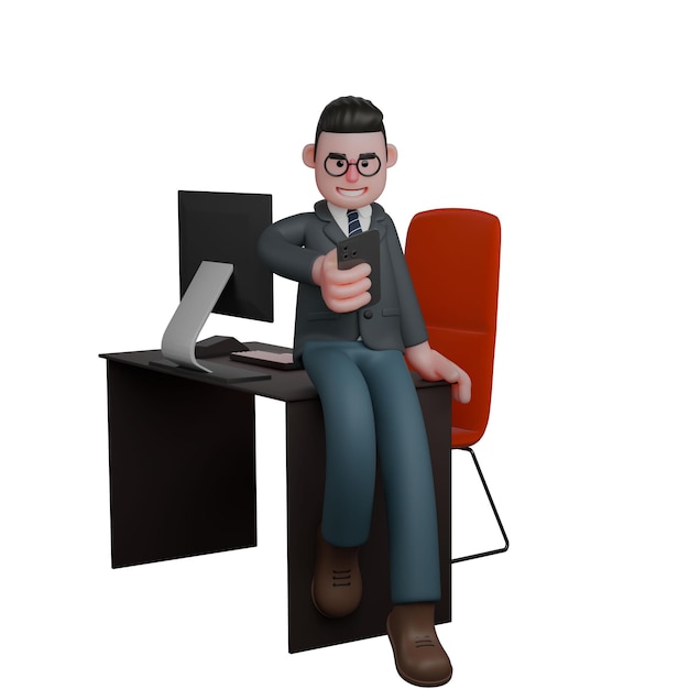 Hombre sentado en la mesa sosteniendo un teléfono móvil con expresión casual ilustrado Profesional masculino