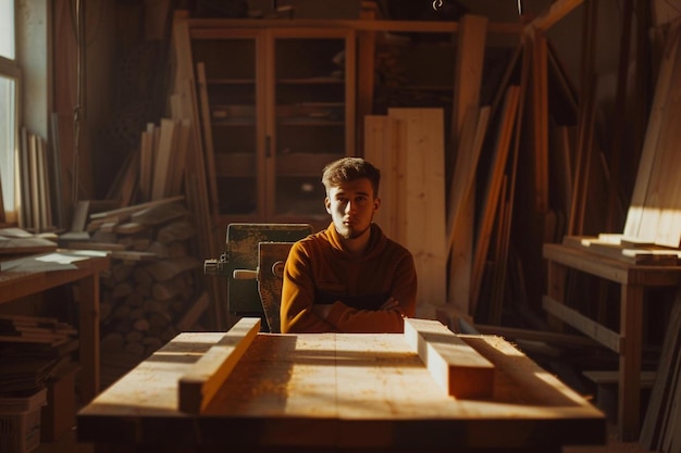 un hombre sentado en una mesa en un taller