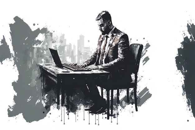 Hombre sentado en una mesa con un teclado en el fondo aislado de la oficina