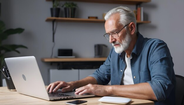 Un hombre sentado en una mesa usando una computadora portátil trabajando en una laptop en un escritorio