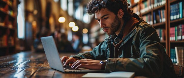 Foto un hombre sentado en una mesa usando una computadora portátil