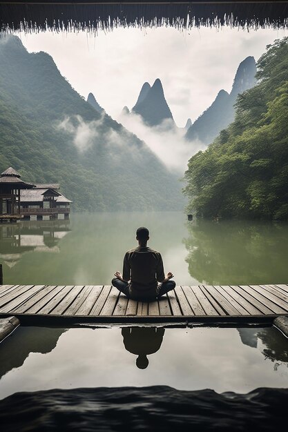 hombre sentado en el muelle en la meditación del lago en guangxi china en el estilo de la vista cinematográfica